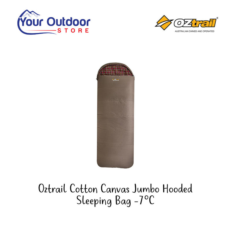Oztrail Cotton Canvas Jumbo Hooded Sleeping Bag -7 Rated. Hero image with title and logos