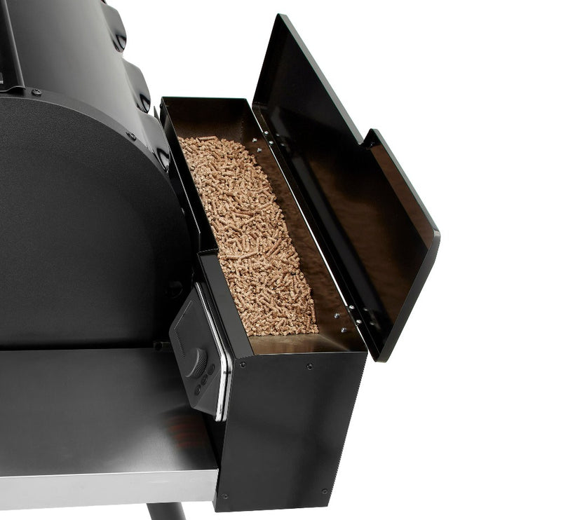 View of full pellet hopper with lid up.