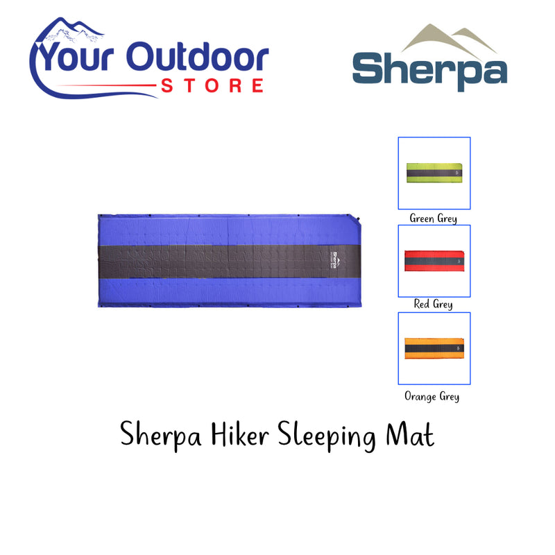 Sherpa Hiker Sleeping Mat. Hero Image Showing Logos, Title and 3 Colour Variants.