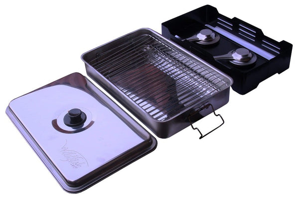 Smoker in 3 sections, lid, tray and racks, and burner