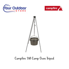 Campfire 1M Steel Camp Oven Tripod. Hero image with title and logos