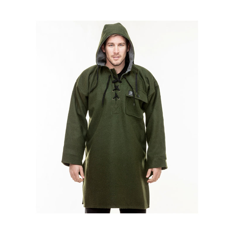 Olive | Swanndri Original Lace Front Bush Shirt - Front View With Hood On.