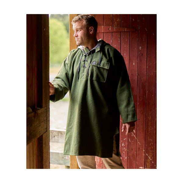 Olive | Swanndri Original Lace Front Bush Shirt - Angled Front View in Shed