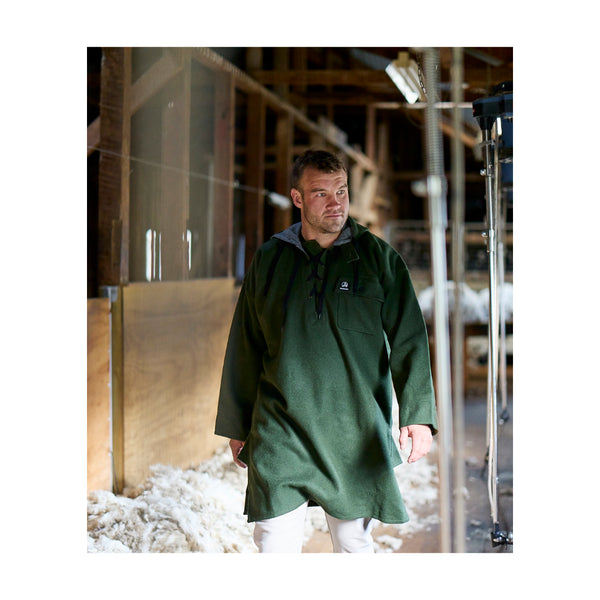 Olive | Swanndri Original Lace Front Bush Shirt - Front View in Shearing Shed. 