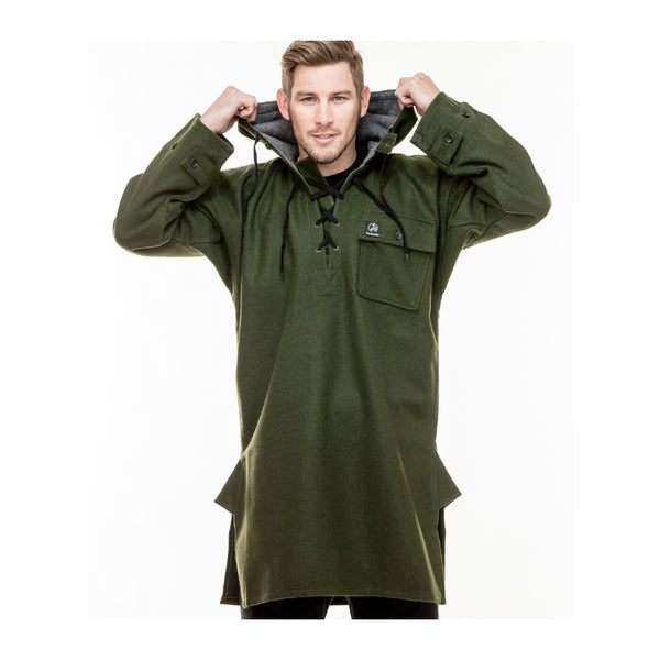 Olive | Swanndri Original Lace Front Bush Shirt - Front View Lifting Hood.