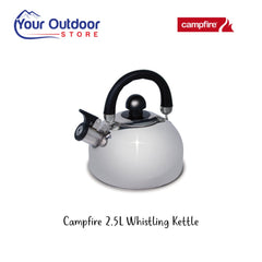 Campfire Stainless Steel Whistling Kettle. Hero image with title and logos