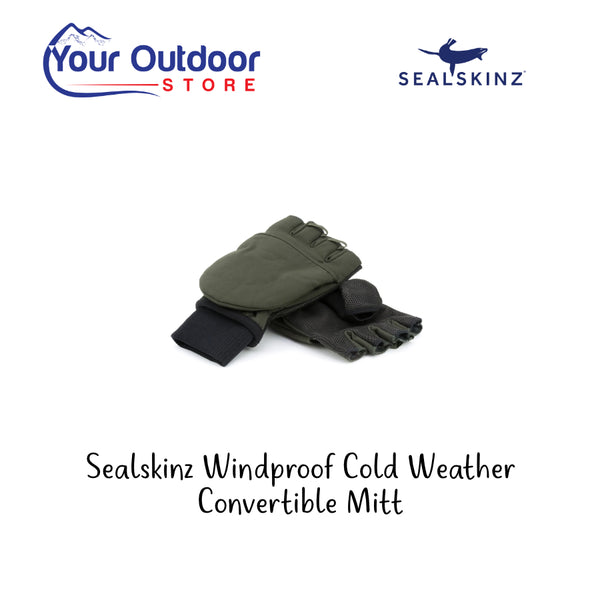 Sealskinz windproof cold weather convertible mitt. Hero image with title and logos