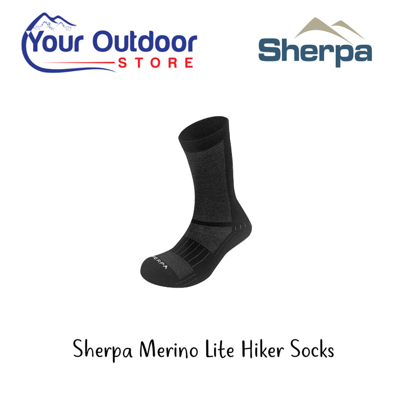 Sherpa Merino Lite Hiker Socks. Hero Image Showing Logo and Title.