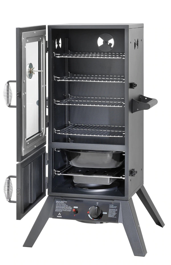 Doors open on Hark 2 Door Gas Smoker with Window
