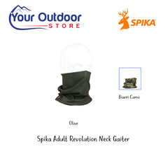 Spika Adult Revolution Neck Gaiter. Hero Image Showing Logos and Title. Olive in Main Image, Biarri Camo in Smaller Image. 