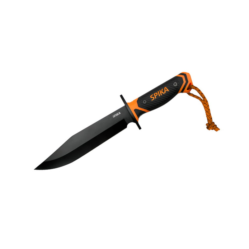 Spika Command Bowie Knife Showing Orange and Black Handle and Black Blade. 