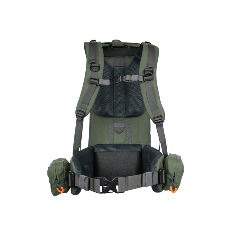 Olive | Spika Drover Hauler 40 L Back View Fully Packed Showing Shoulder, Chest and Waist Straps. 