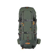 Olive | Spika Drover Hauler 40 L Front View Fully Packed and Clipped Up and Showing Little Side Pockets. 