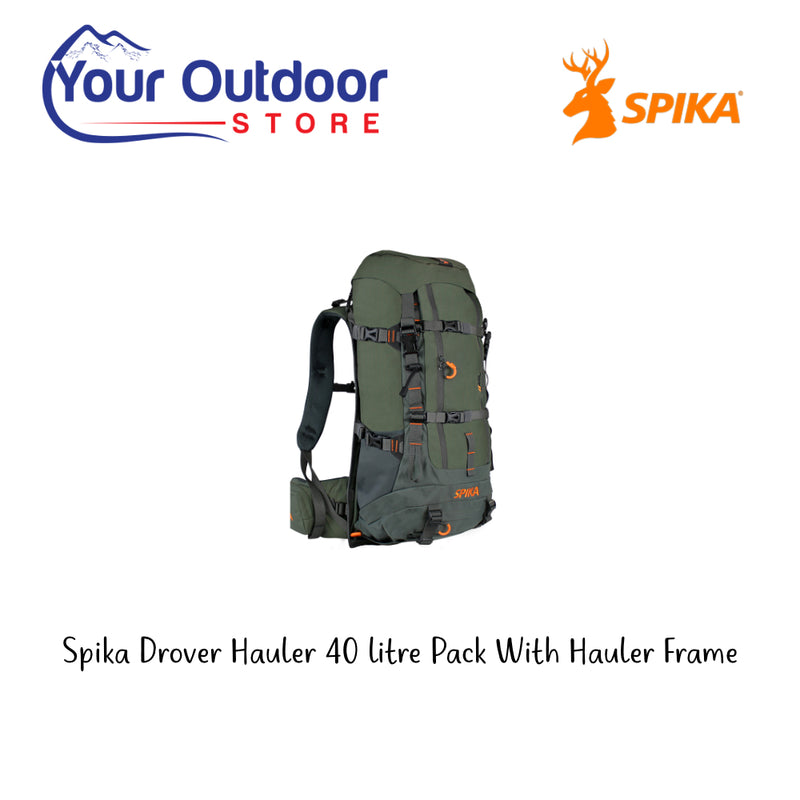 Spika Drover Hauler 40 Litre Pack With Hauler Frame. Hero Image Showing Logos and Title. 