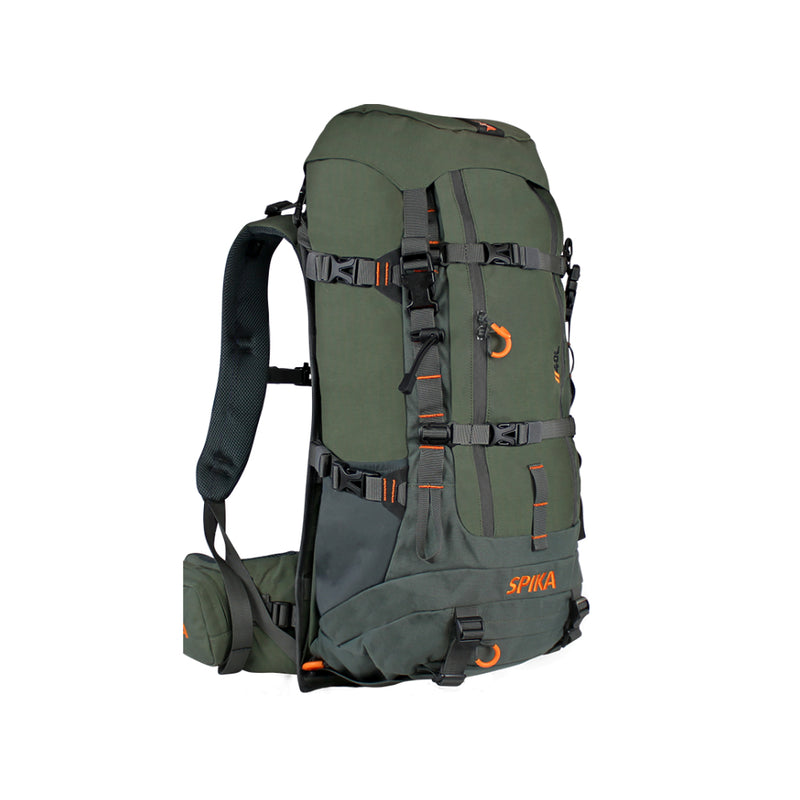 Olive | Spika Drover Hauler 40L. Angled View Showing Straps and Clips. 