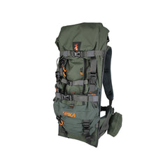 Olive | Spika Drover Hauler 40 L Front View of Empty Pack with Clips Done Up. 