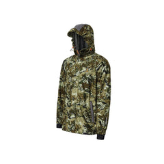 Biarri Camo | Spika Mens Valley Jacket - Angled Side View & Hoodie Up.