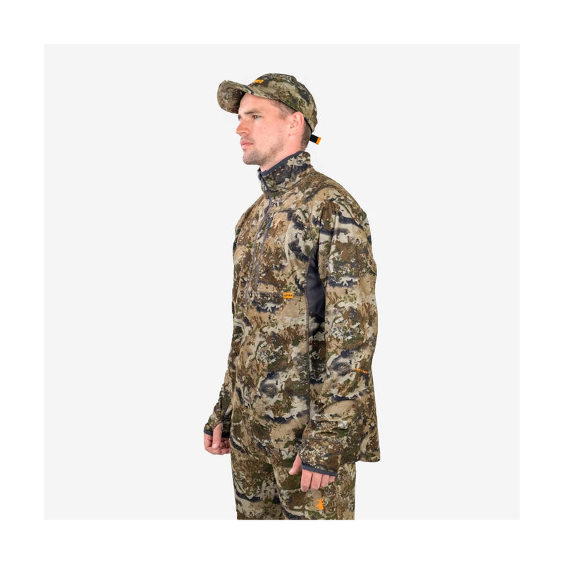 Biarri Camo | Spika Tracker Shirt Angled Front View Shown with Camo Pants and Cap.