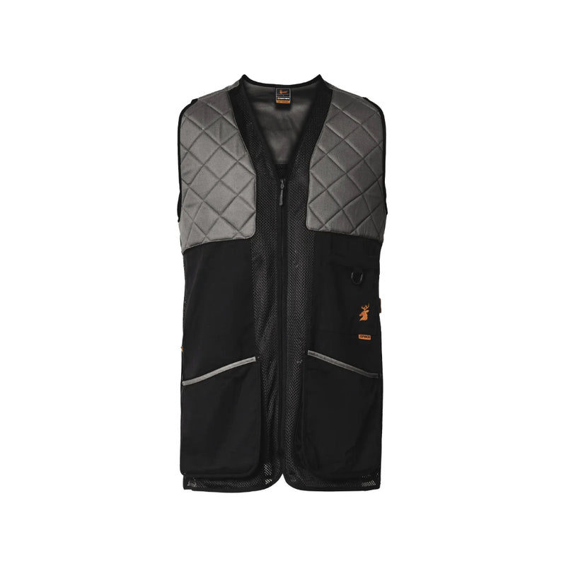 Black Grey | Spika Shooting Vest - Front View Showing Quilted Chest, Full Zip and Pockets. 