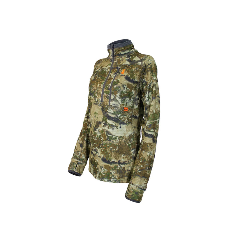 Biarri Camo | Spika Gridfleece Top Angled Front View Showing Thumb Holes. 
