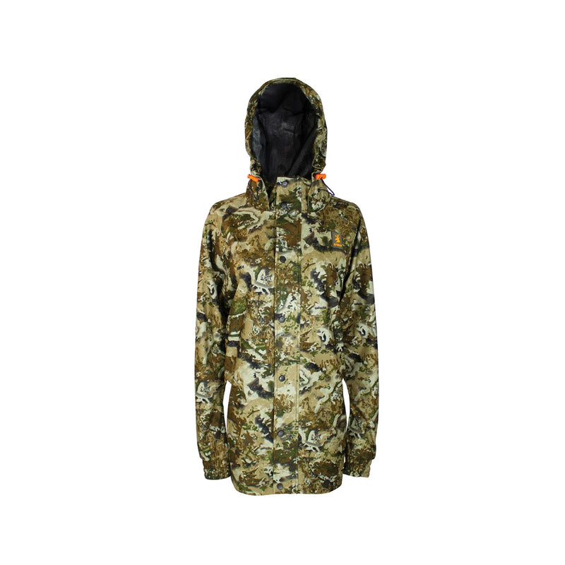 Biarri Camo | Spika Womens Valley Jacket Front View With Hood Up. 