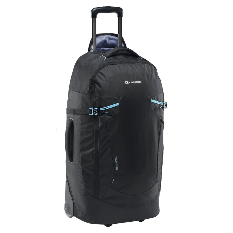Black | Caribee Stratos Hybrid 70 Litre Pack. Front View with trolley handle up