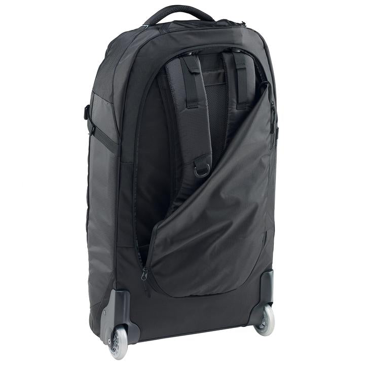 Black | Back View with Trolley Handle Down and Shoulder Straps Visible behind the zipped compartment