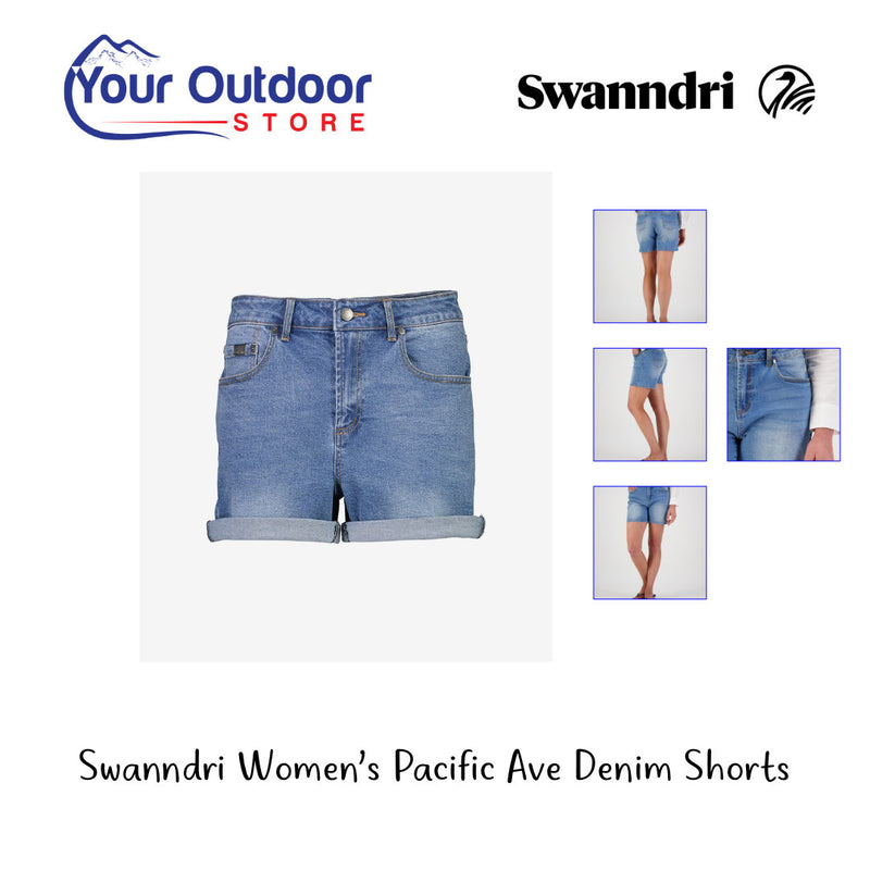 Light Blue | Swanndri Womens Pacific Ave Denim Shorts. Hero image with logos and title. Image inserts included