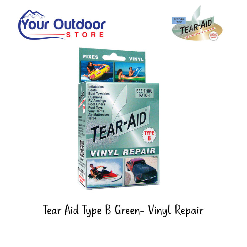 Tear Aid Type B Green- Vinyl Repair. Hero image with title and logos
