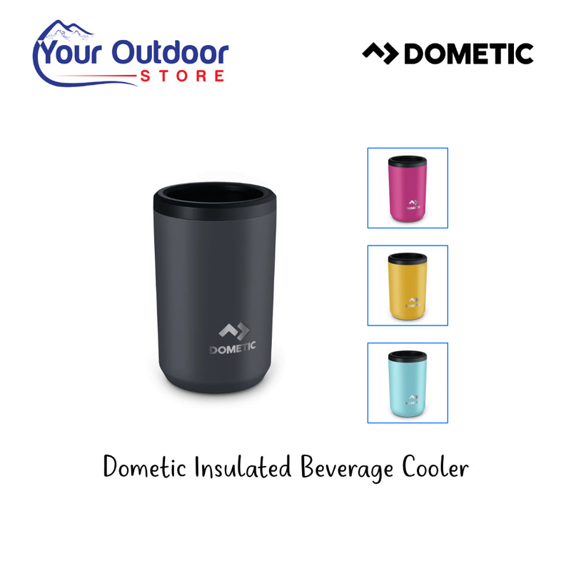 Dometic Insulated Beverage Cooler 375 ml. Hero image with title and logos plus colour image inserts