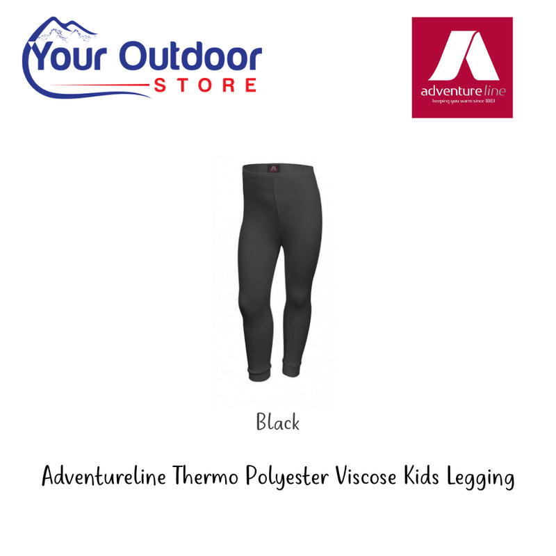 Black | Kids Adventureline Thermo Polyester Viscose Legging. Hero Image Showing Logos and Title. 