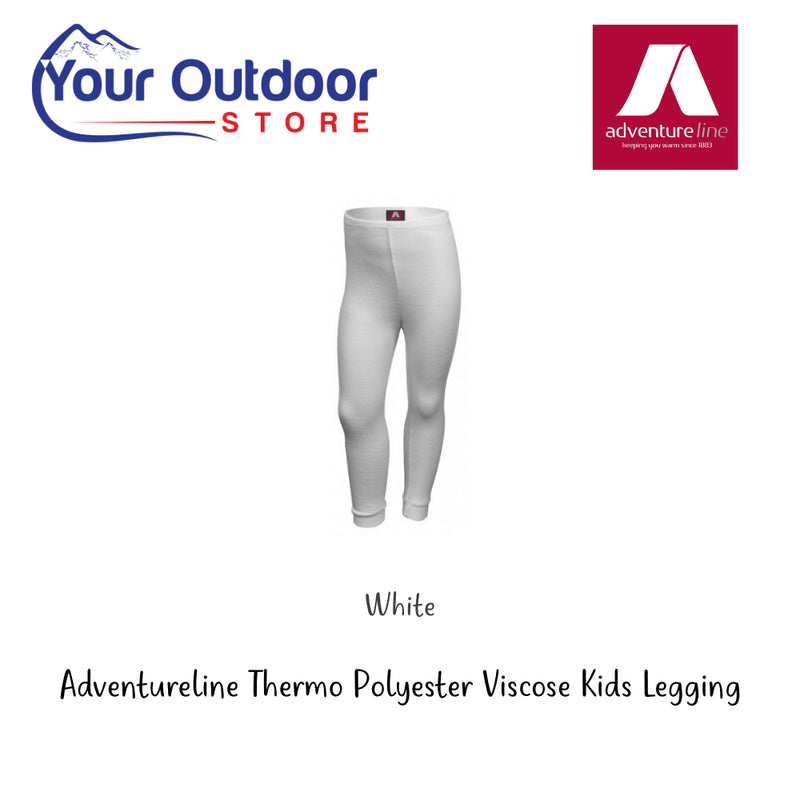 White | Kids Adventureline Thermo Polyester Viscose Legging. Hero Image Showing Logos and Title. 