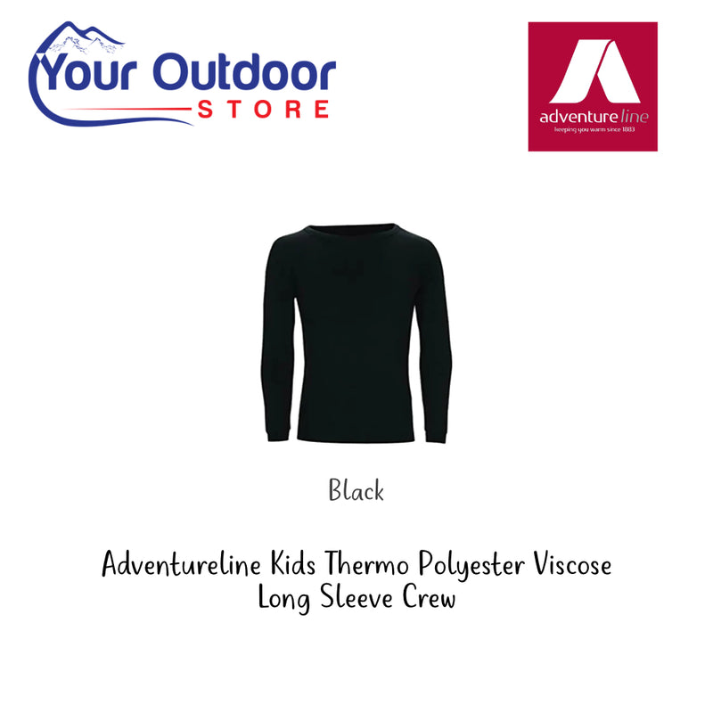 Black | Adventureline Kids Thermo Polyester Viscose Long Sleeve Crew. Hero Image Showing Logos and Title. 