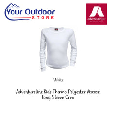 White | Adventureline Kids Thermo Polyester Viscose Long Sleeve Crew. Hero Image Showing Logos and Title. 