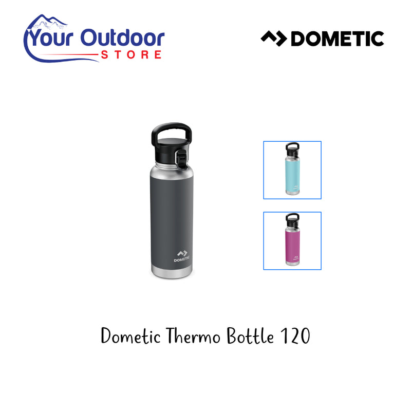Dometic Thermo Bottle 1200ml. Hero image with title and logos plus colour image inserts