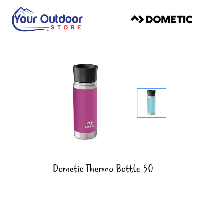 Dometic Thermo Bottle 500ml with 360° Cap. Hero image with title and logos