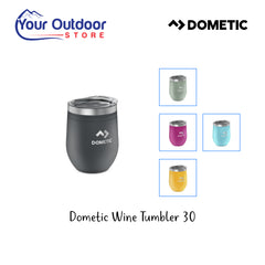 Dometic Wine Tumbler 300ml. Hero image with title and logos plus colour inserts