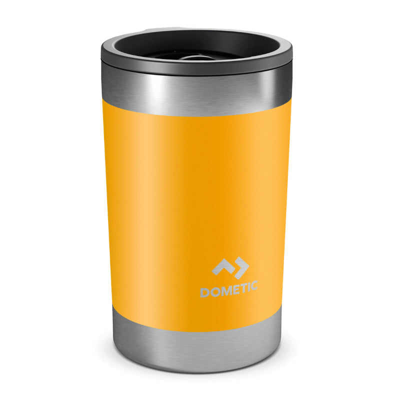 Glow | Side tumbler view with lid on. Stainless steel trim with yellow wrap