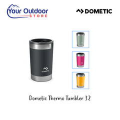 Dometic Thermo Tumbler 320ml. Hero image with title and logos plus colour image inserts