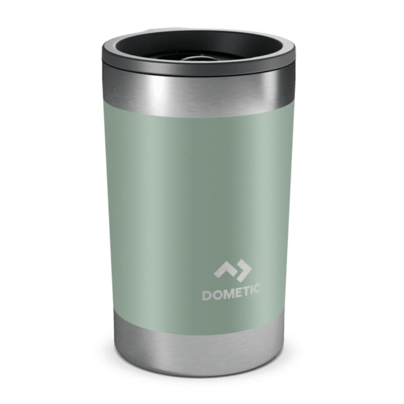 Moss | Side view of tumbler with lid on. Stainless steel trim with moss green colours wrap