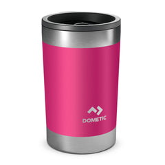 Orchid | Side View of the tumbler with lid on. Stainless steel trim with vibrant pink wrap