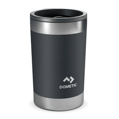 Slate | Side view of the tumbler with lid on. Stainless steel trim with dark grey wrap