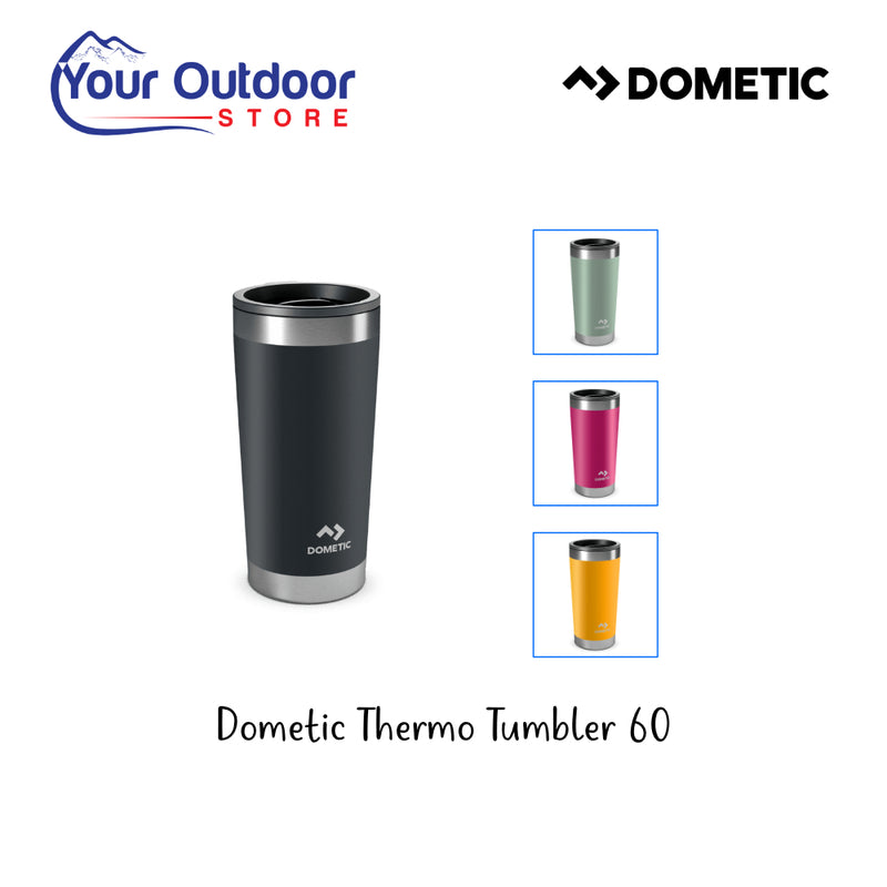 Dometic Thermo Tumbler 600ml. hero image with title and logos plus colour image inserts