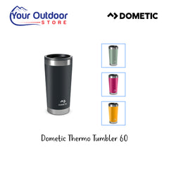 Dometic Thermo Tumbler 600ml. hero image with title and logos plus colour image inserts