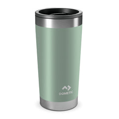 Moss | Side view of the tumbler with lid on. Stainless steel trim with moss green wrap
