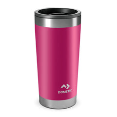 Orchid | Side view of the tumbler with lid on. Stainless steel trim with vibrant pink wrap