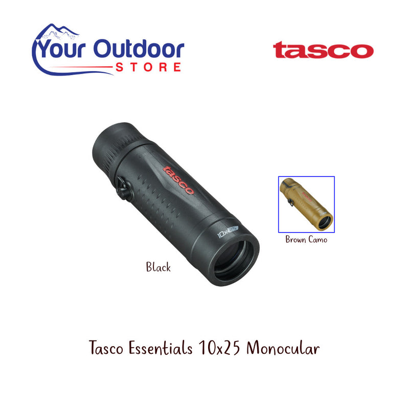 Tasco Essentials 10x25 Monocular. Hero image with title and logos
