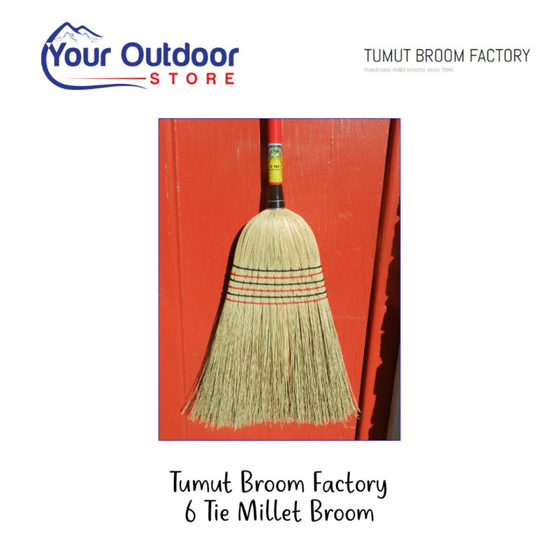 Tumut Broom Factory 6 Tie Millet Broom. Hero Image Showing Logos and Title. 