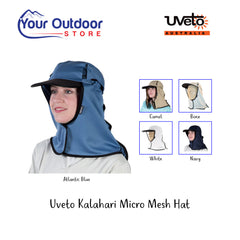 UVeto Kalahari Hat Micro Mesh. Hero image with title and logos plus colour image inserts