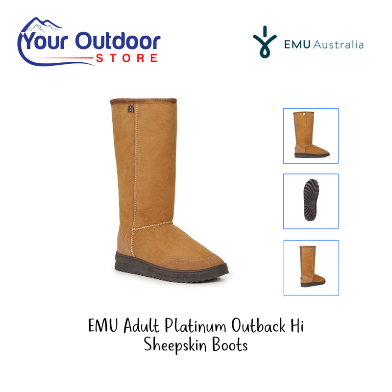 Emu Adult Platinum Outback Hi Sheepskin Boot. Hero image with title and logos